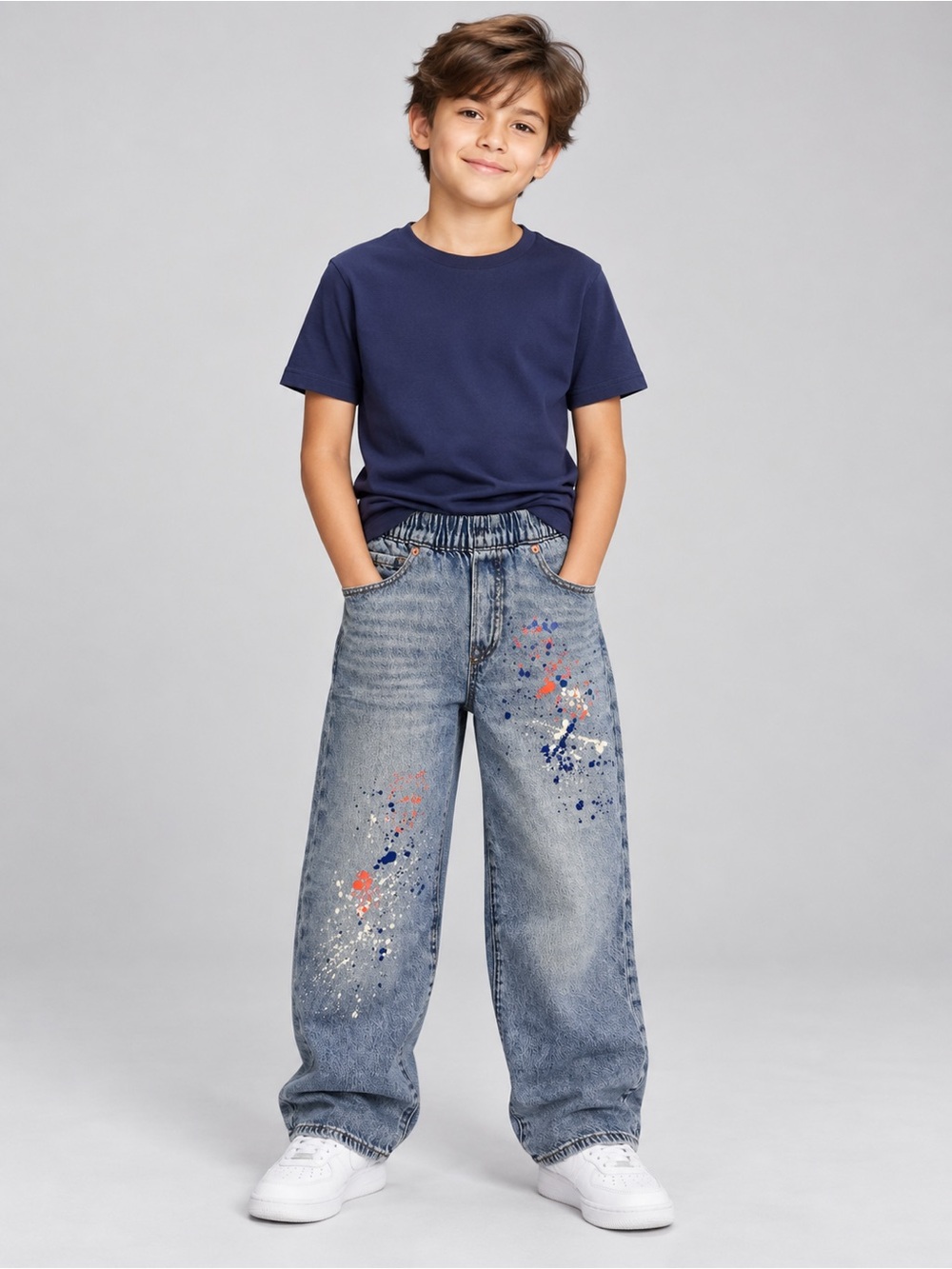 GAP Boys Wide-Leg Paint-Splash Jeans - Blue with Orange & White Accents